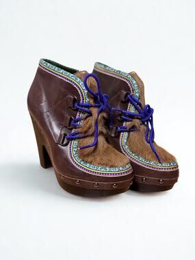 Vtg Y2K Belle Sigerson Morrison Leather Lace Up Calf Hair Heeled Ankle Boots